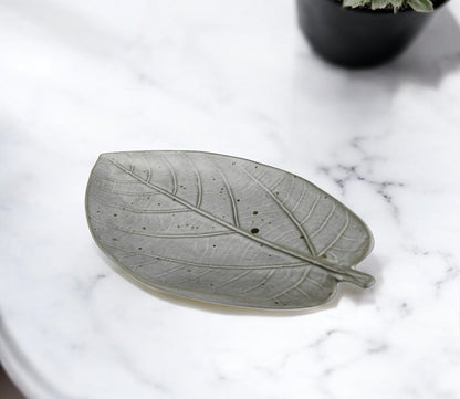 6" Gray Begonia Leaf Ceramic Handmade Serving Tray