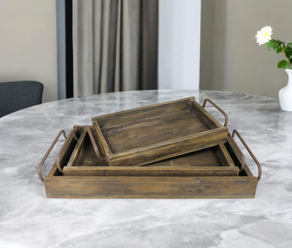 Set of Three Dark Brown Wood Trays With Handles
