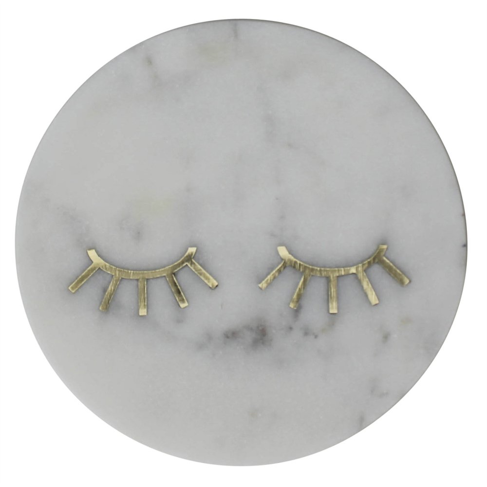 6" Gold And White Round Marble Inlaid Eyelashes Serving Tray
