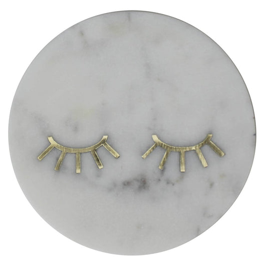 6" Gold And White Round Marble Inlaid Eyelashes Serving Tray