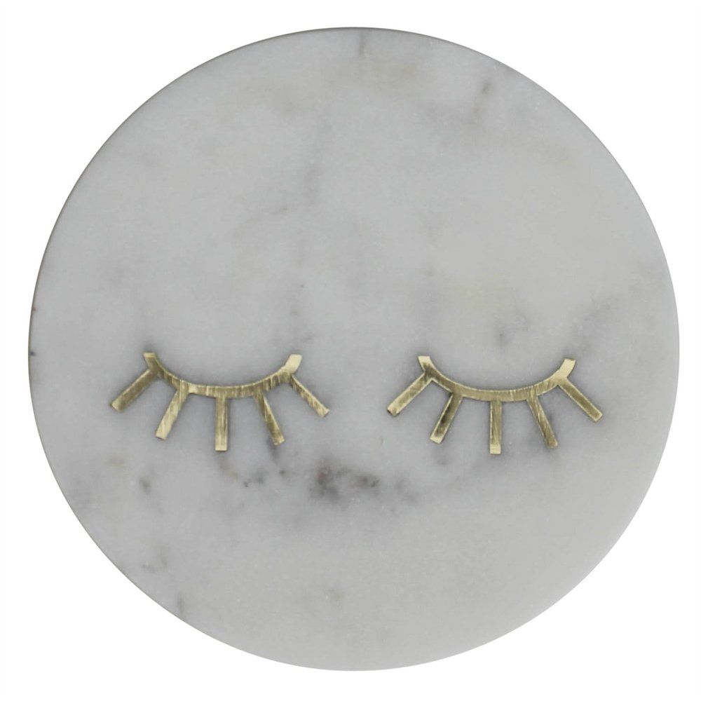 6" Gold And White Round Marble Inlaid Eyelashes Serving Tray