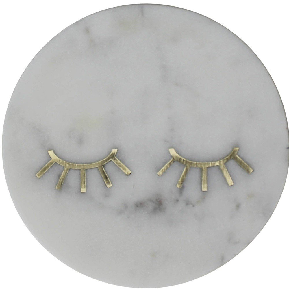 6" Gold And White Round Marble Inlaid Eyelashes Serving Tray