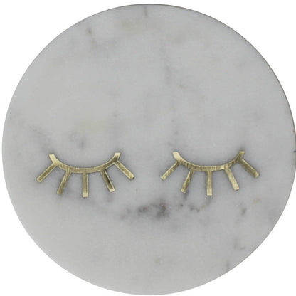 6" Gold And White Round Marble Inlaid Eyelashes Serving Tray