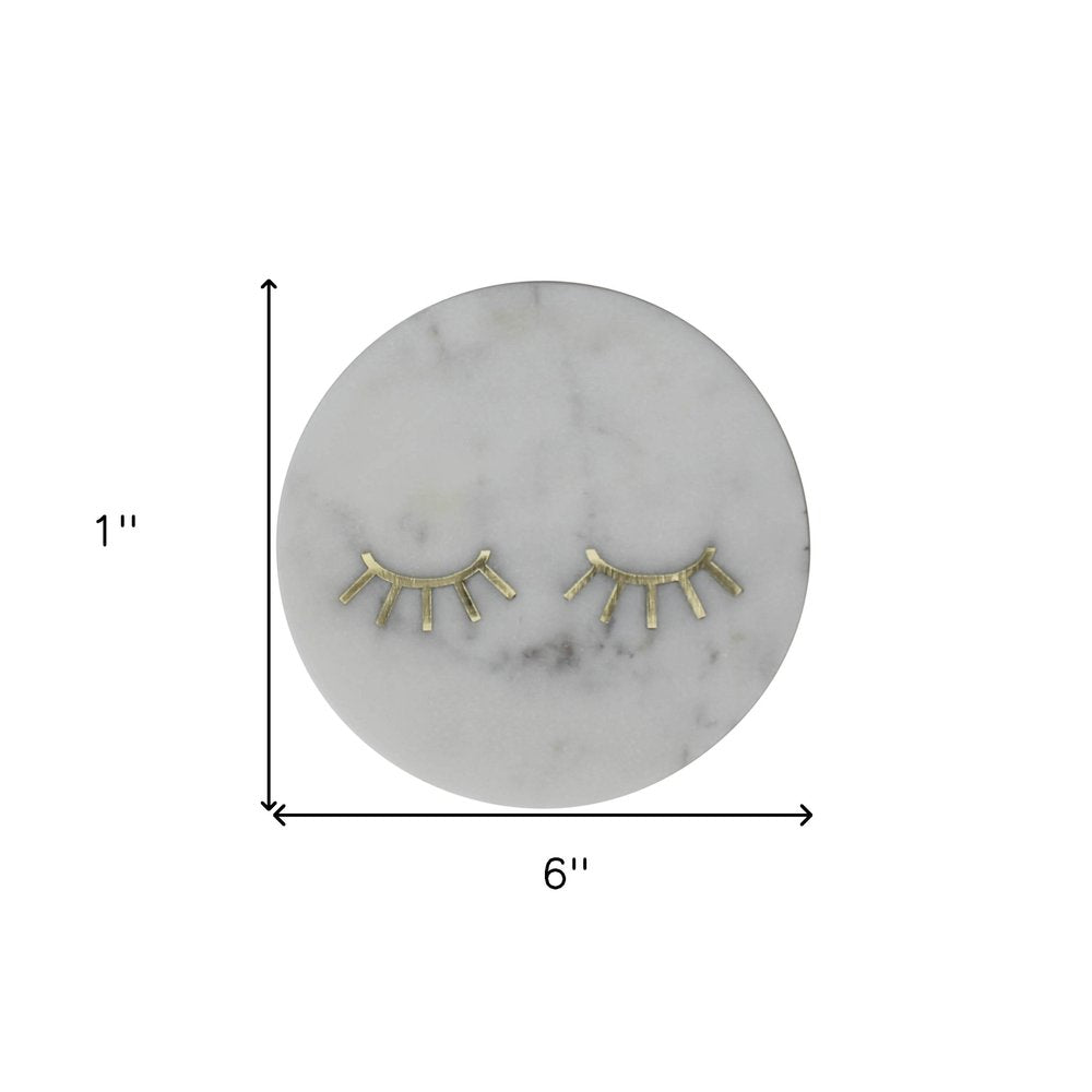 6" Gold And White Round Marble Inlaid Eyelashes Serving Tray