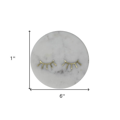 6" Gold And White Round Marble Inlaid Eyelashes Serving Tray