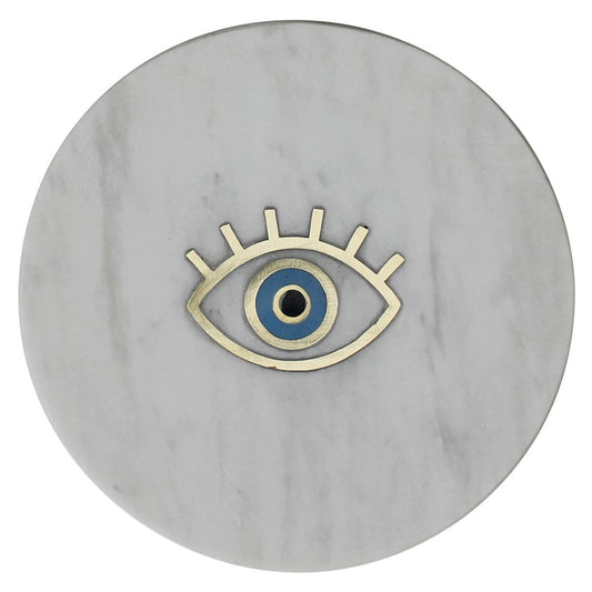6" Gold And White Round Marble Inlaid Eye Serving Tray