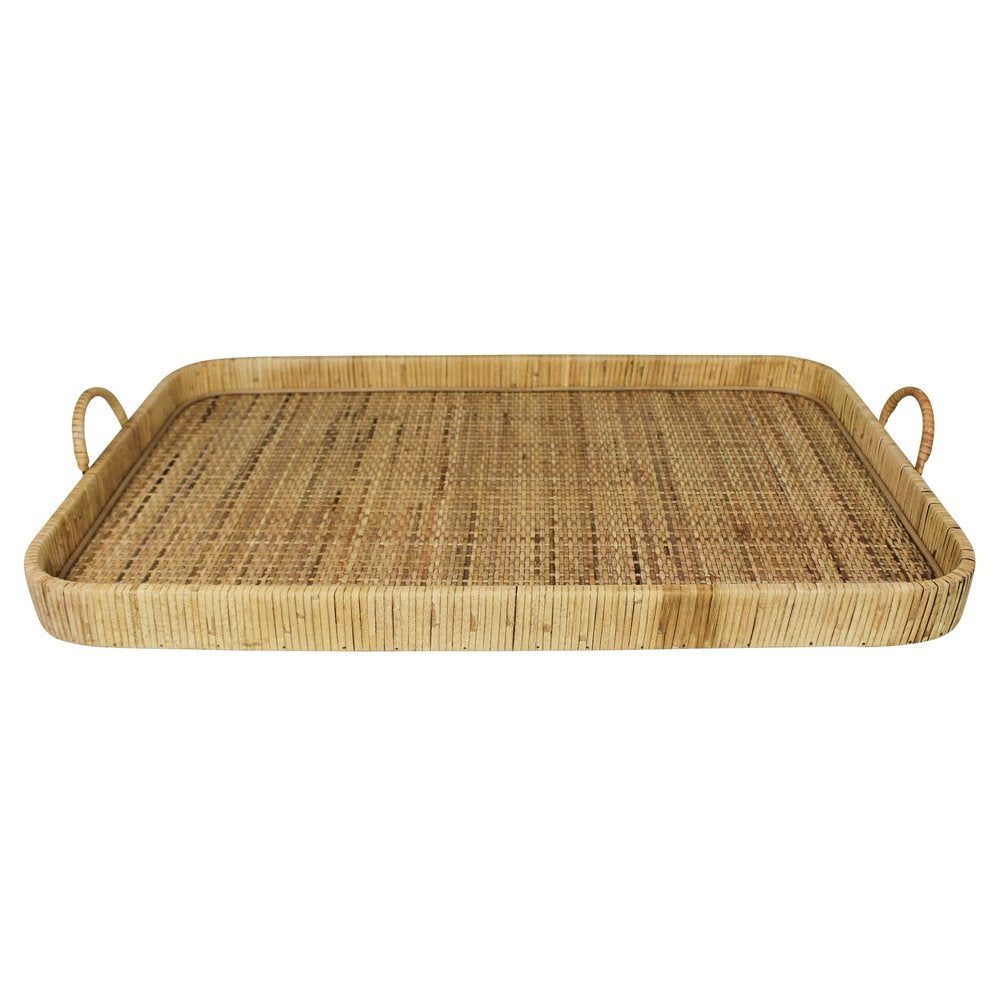 28" Natural Rectangular Bamboo Serving Tray With Handles