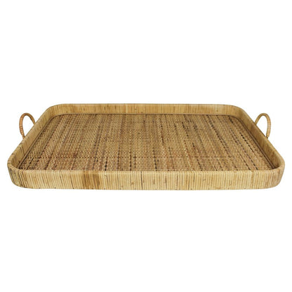 28" Natural Rectangular Bamboo Serving Tray With Handles