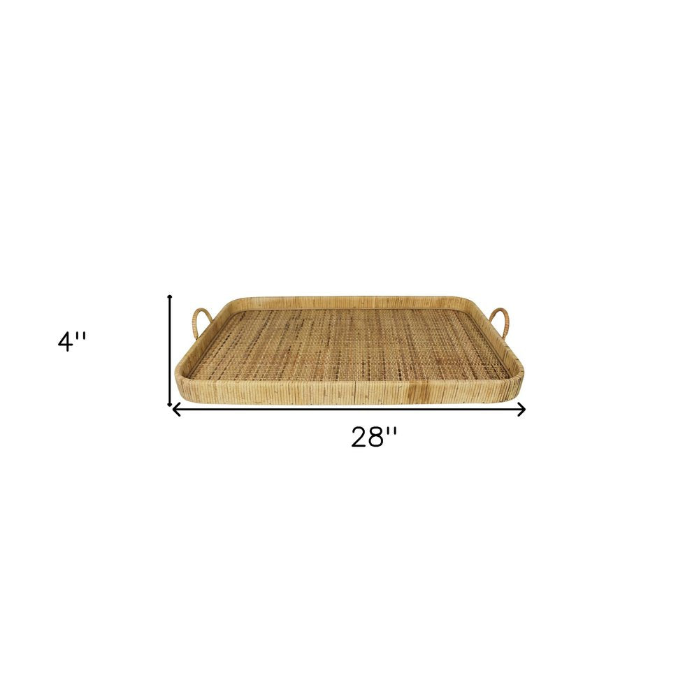 28" Natural Rectangular Bamboo Serving Tray With Handles