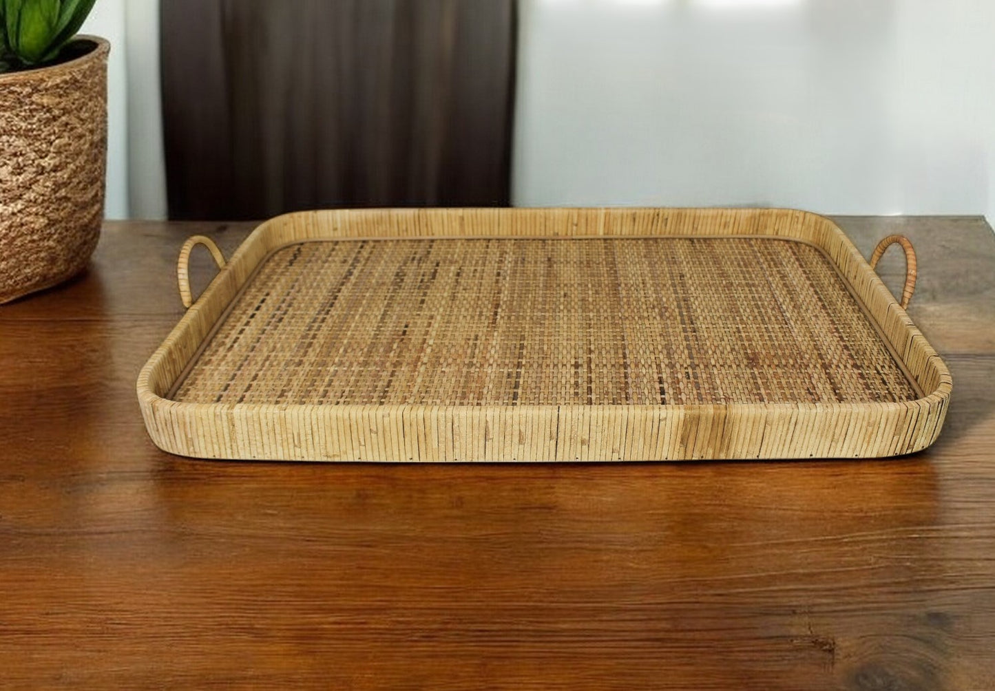 28" Natural Earthenware Indoor Outdoor Tray With Handles