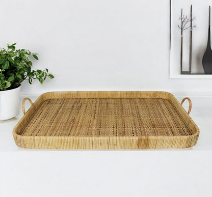 28" Natural Rectangular Bamboo Serving Tray With Handles