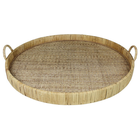 24" Natural Round Bamboo Handmade Serving Tray With Handles