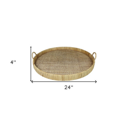 24" Natural Round Bamboo Handmade Serving Tray With Handles