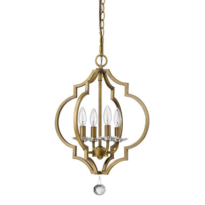 Brass Candle Style Four Light Metal and Crystals Dimmable Chandelier