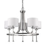 Silver Candle Style Five Light Metal and Crystals Dimmable Chandelier With White Shades