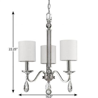 Silver Candle Style Three Light Metal and Crystals Dimmable Chandelier With White Shades