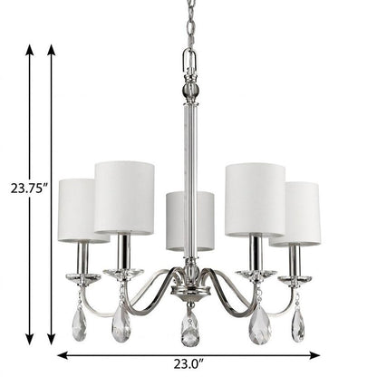 Silver Candle Style Five Light Metal and Crystals Dimmable Chandelier With White Shades