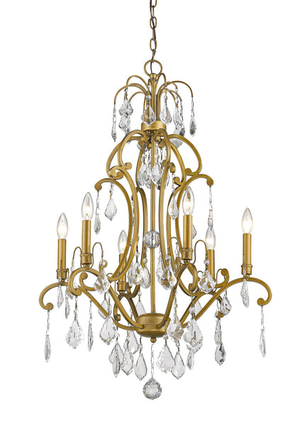 Gold Candle Style Six Light Metal and Crystals Dimmable Chandelier