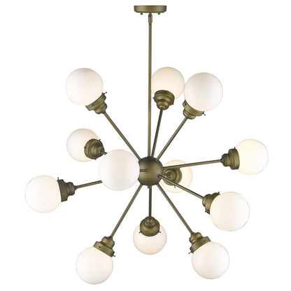 Bronze Sputnik Twelve Light Frosted Metal Dimmable Chandelier With Off White Shades