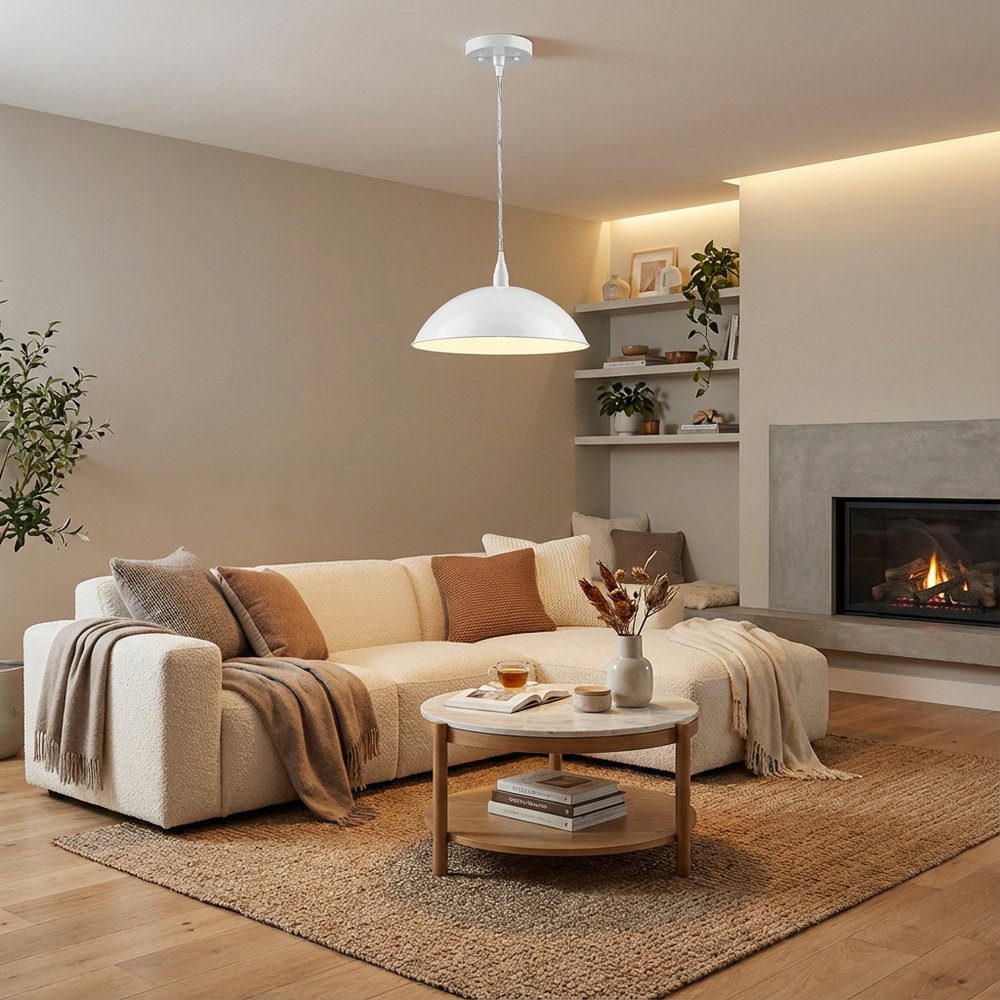 White Metal Hanging Light with Dome Shade