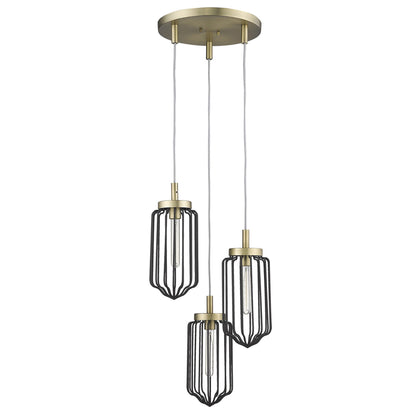 Gold Caged Three Light Metal Dimmable Chandelier With Black Shades