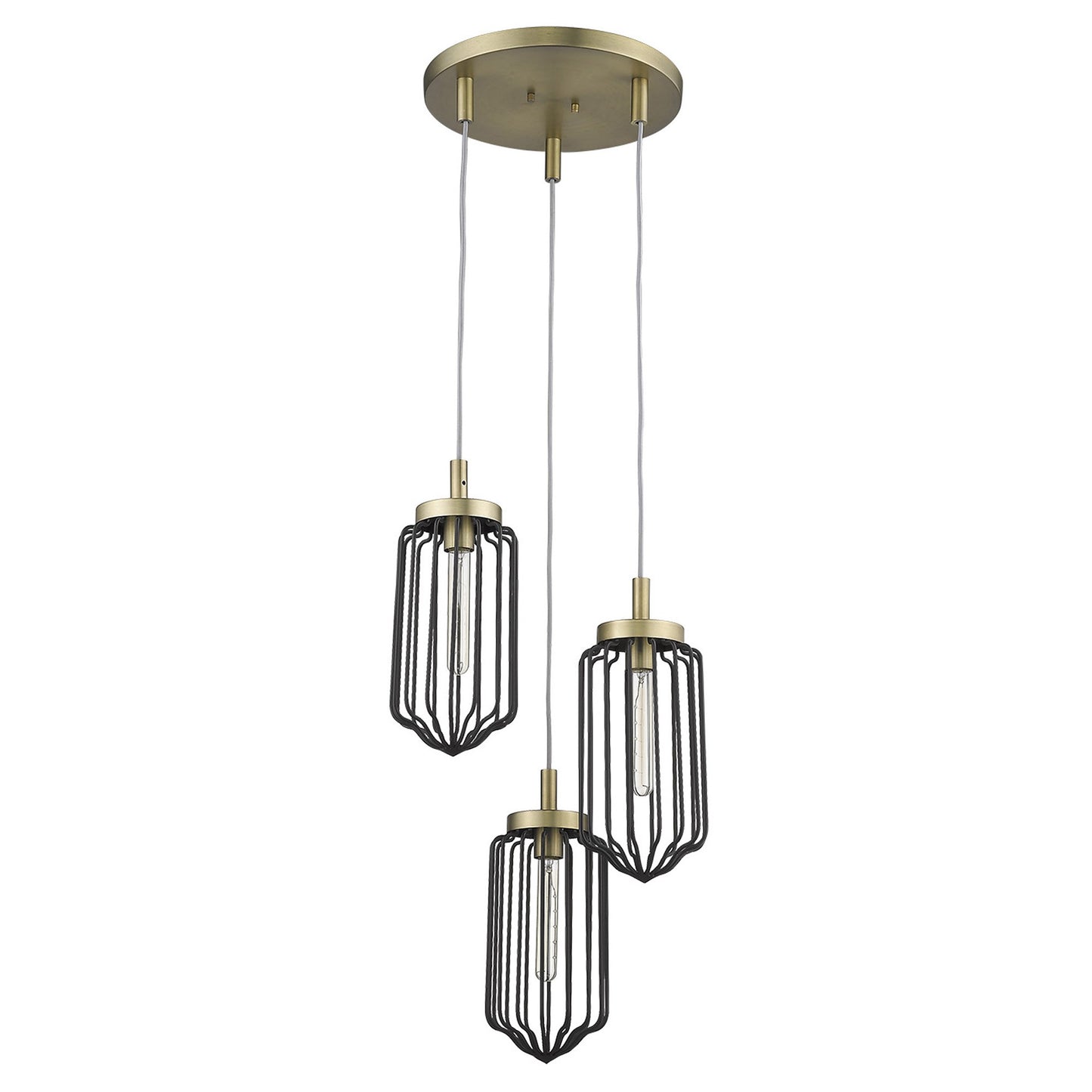 Gold Caged Three Light Metal Dimmable Chandelier With Black Shades