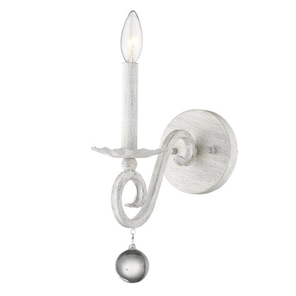 12" Off White Rustic Metal Candle Wall Light With Hanging Crystal