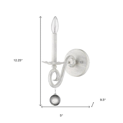 12" Off White Rustic Metal Candle Wall Light With Hanging Crystal