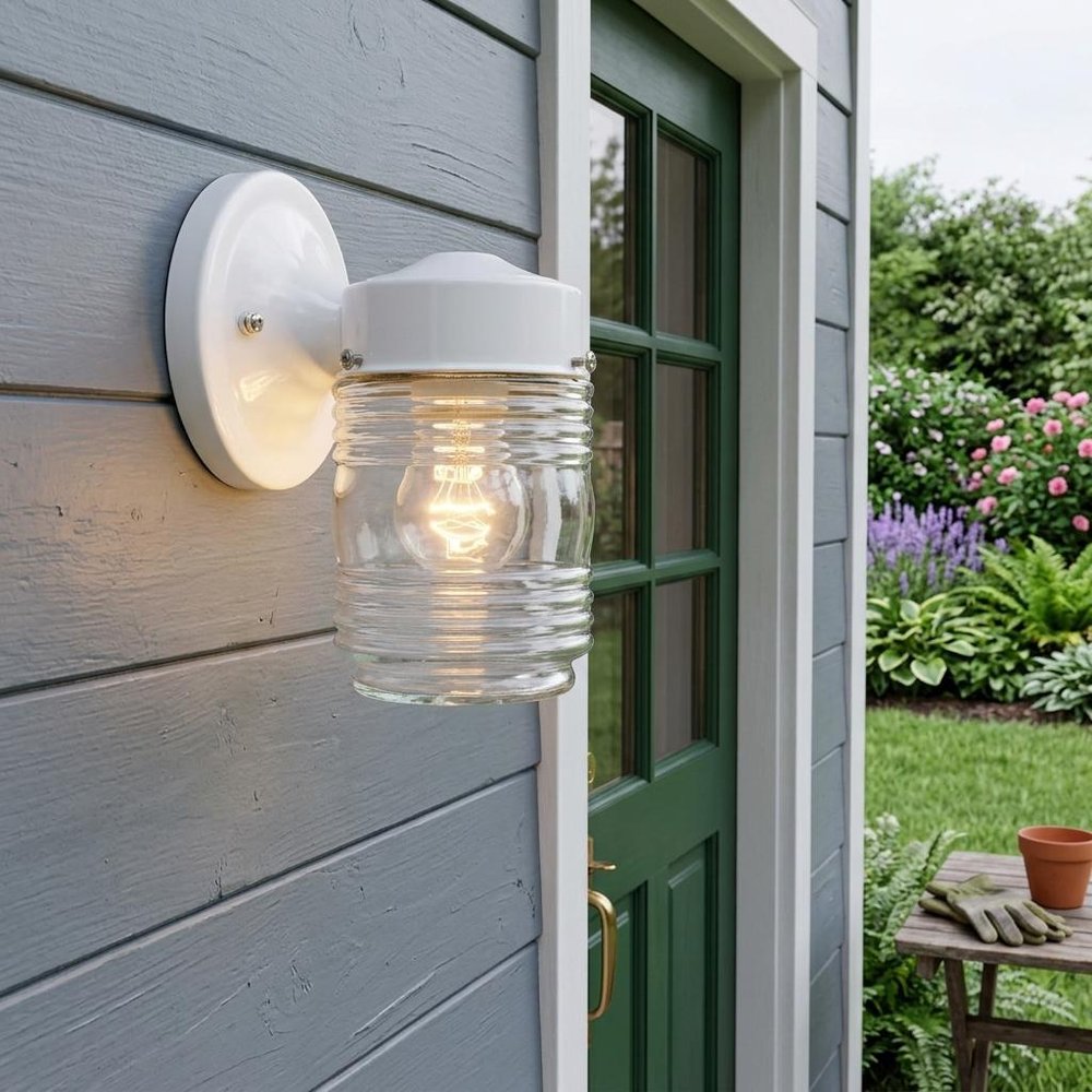 White Standard Jelly Jar One Light Outdoor Wall Light