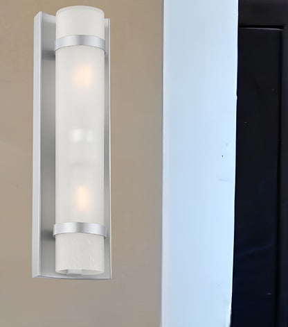 Two Light Brushed Silver and White Glass Wall Sconce