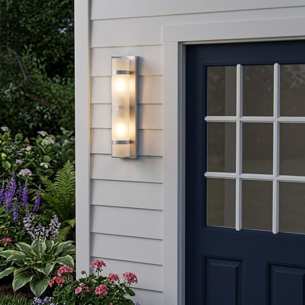 Two Light Brushed Silver and White Glass Wall Sconce