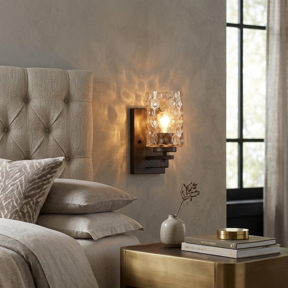 Bronze Metal and Pebbled Glass Wall Sconce