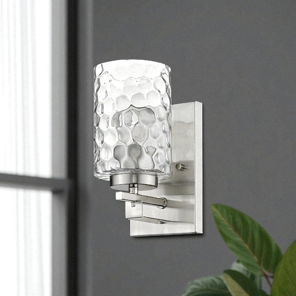 Silver Metal and Pebbled Glass Wall Sconce