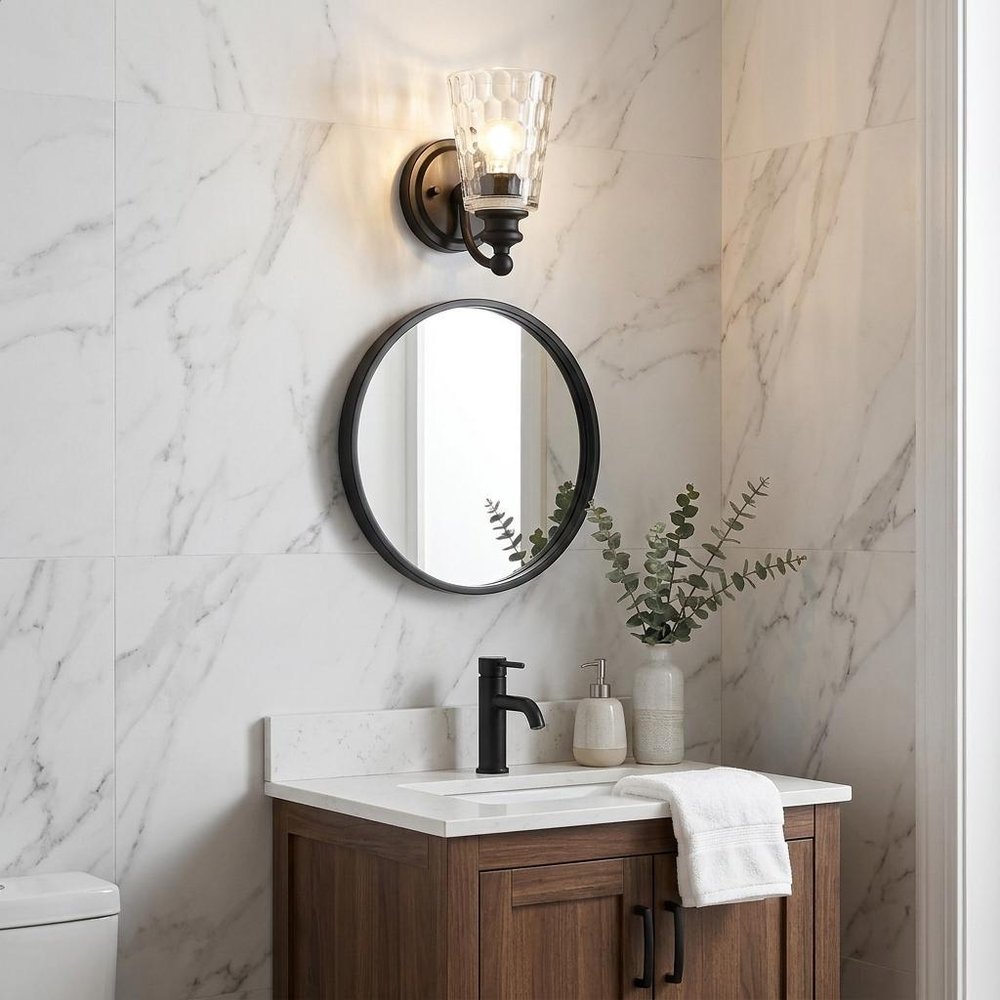 Black Metal and Pebbled Glass Wall Light