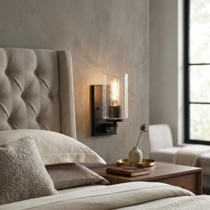 Black Metal and Textured Glass Wall Sconce
