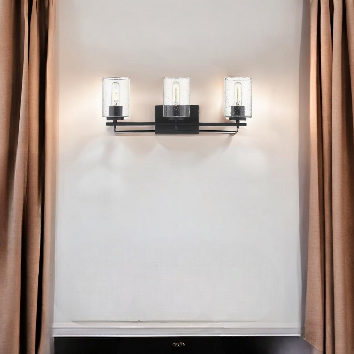 Black Metal and Textured Glass Three Light Wall Sconce