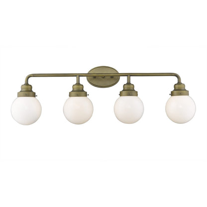 36" Brass And White Metal And Glass Four Light Vanity Light
