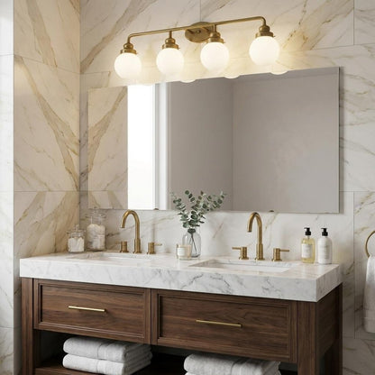 36" Brass And White Metal And Glass Four Light Vanity Light