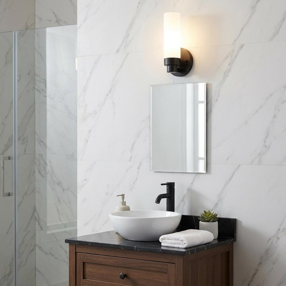 Matte Black Wall Light with Narrow Frosted Glass Shade