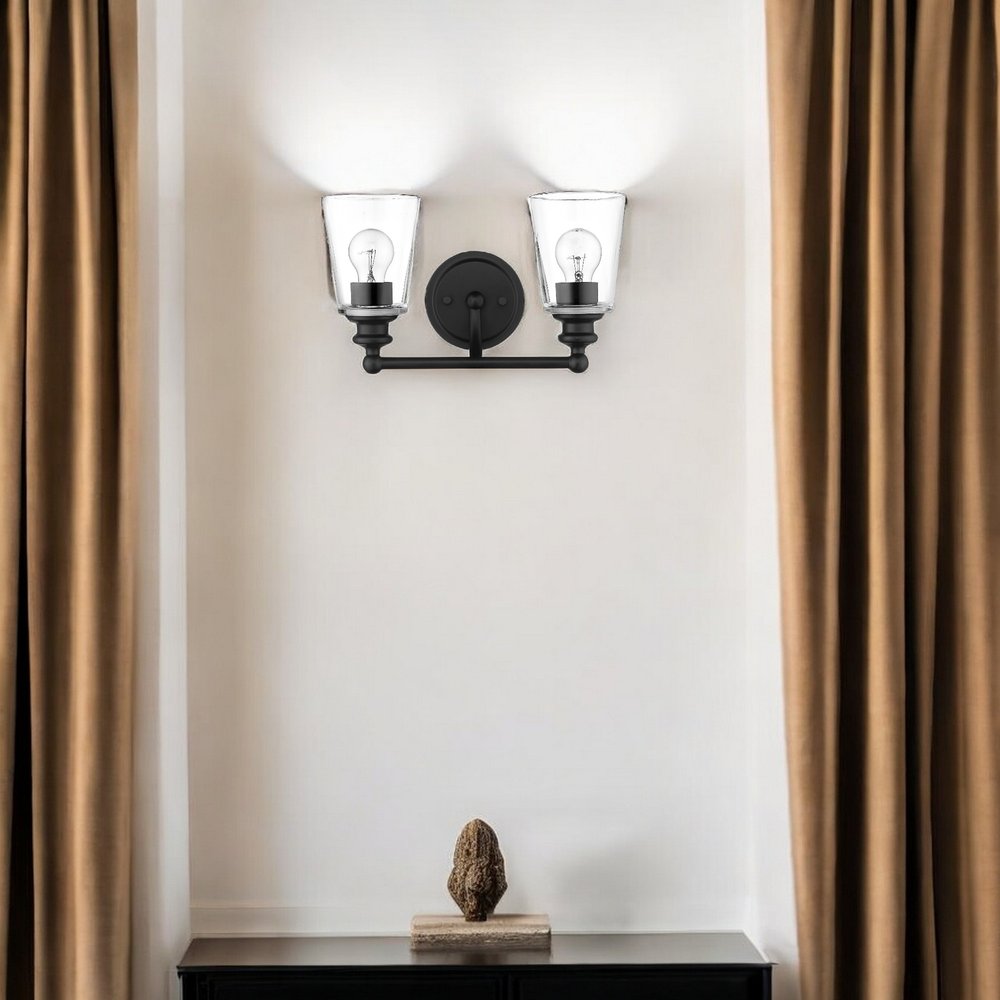 Two Light Matte Black Glass Shade Wall Sconce