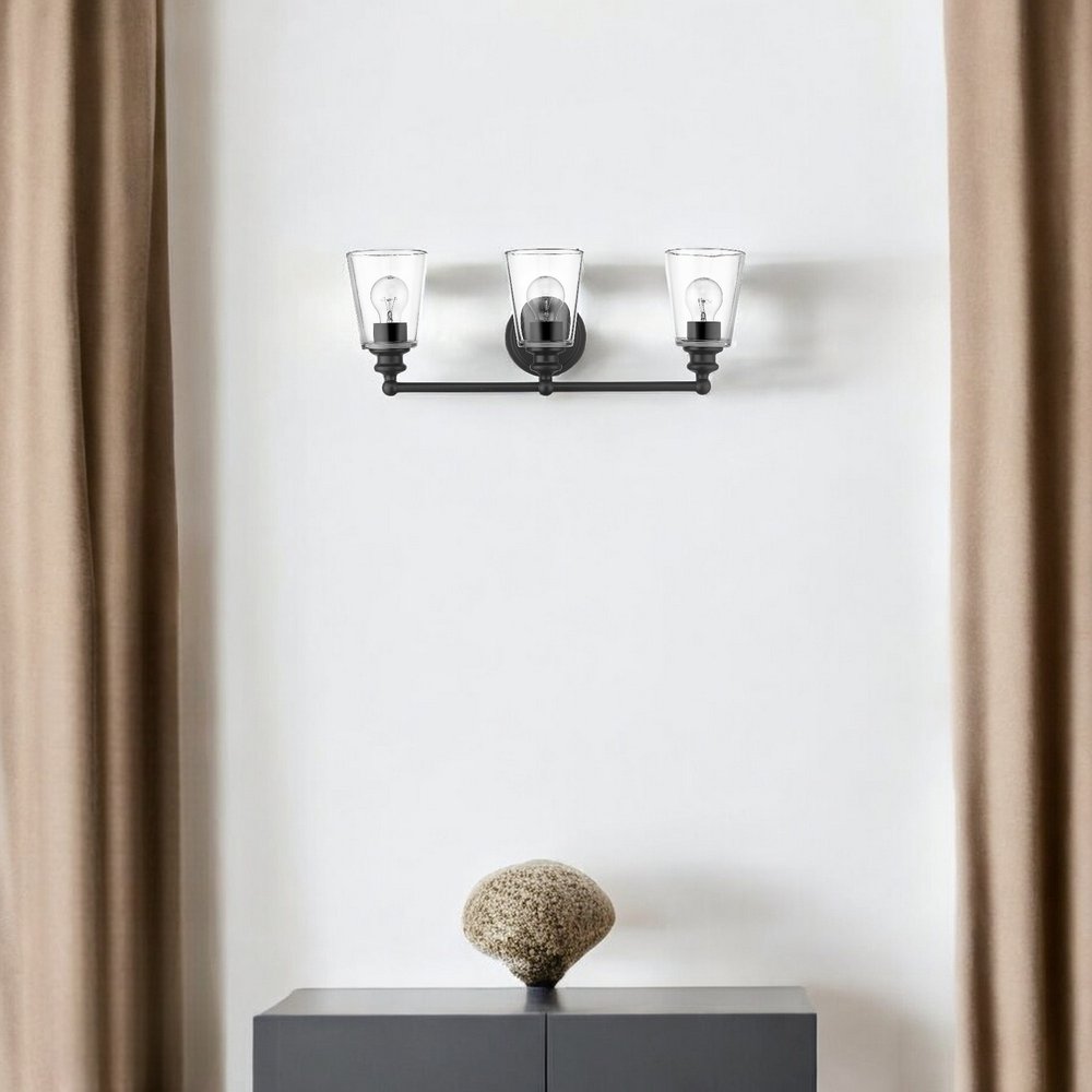Three Light Matte Black Glass Shade Wall Sconce