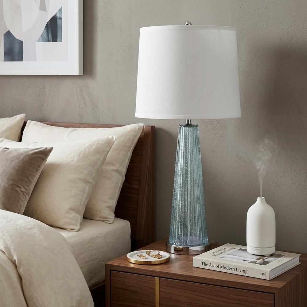 29" Aqua Glass Buffet Lamp With Off White Empire Shade