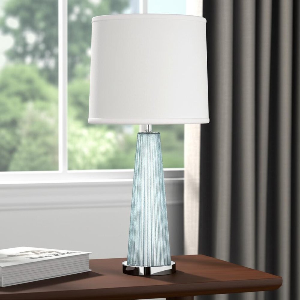 29" Aqua Glass Buffet Lamp With Off White Empire Shade