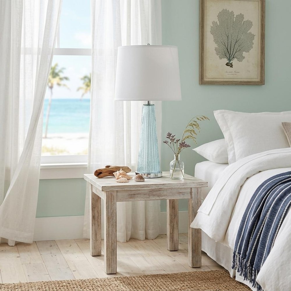 29" Aqua Glass Buffet Lamp With Off White Empire Shade