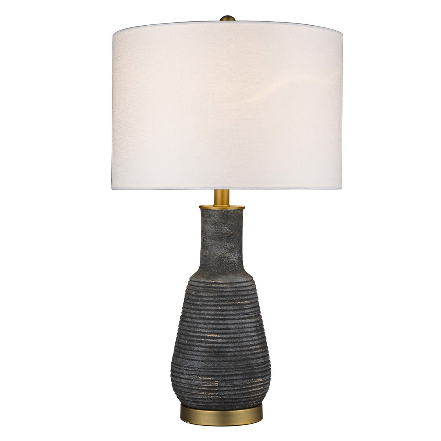 26" Distressed Black and Gold Ceramic Table Lamp With White Drum Shade