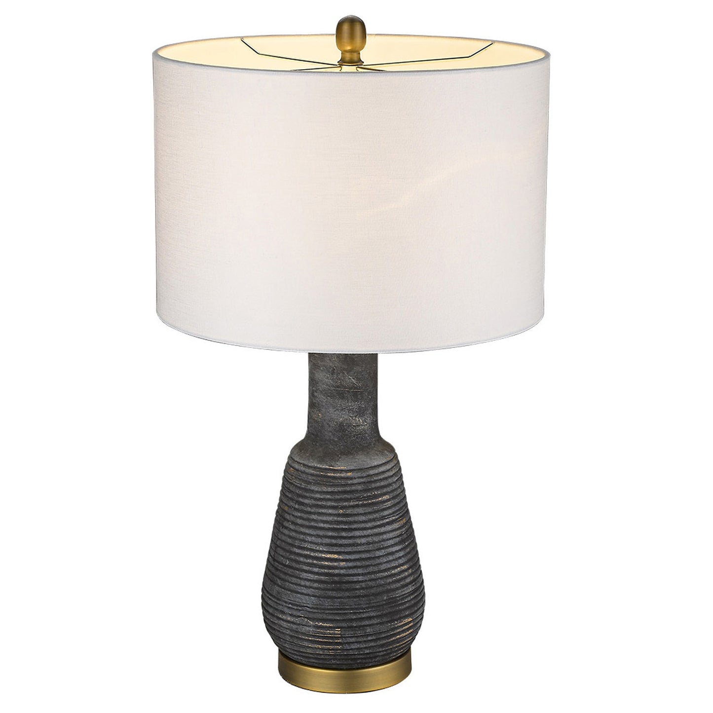 26" Distressed Black and Gold Ceramic Table Lamp With White Drum Shade