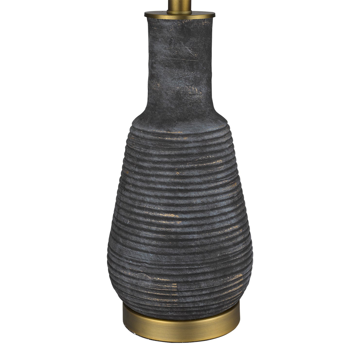 26" Distressed Black and Gold Ceramic Table Lamp With White Drum Shade