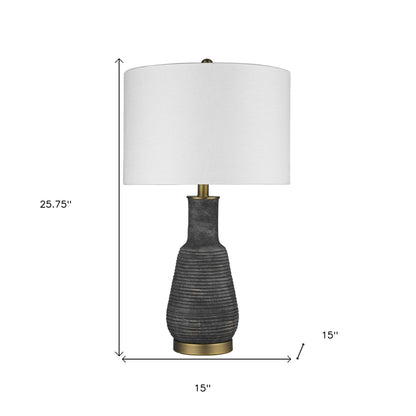 26" Distressed Black and Gold Ceramic Table Lamp With White Drum Shade