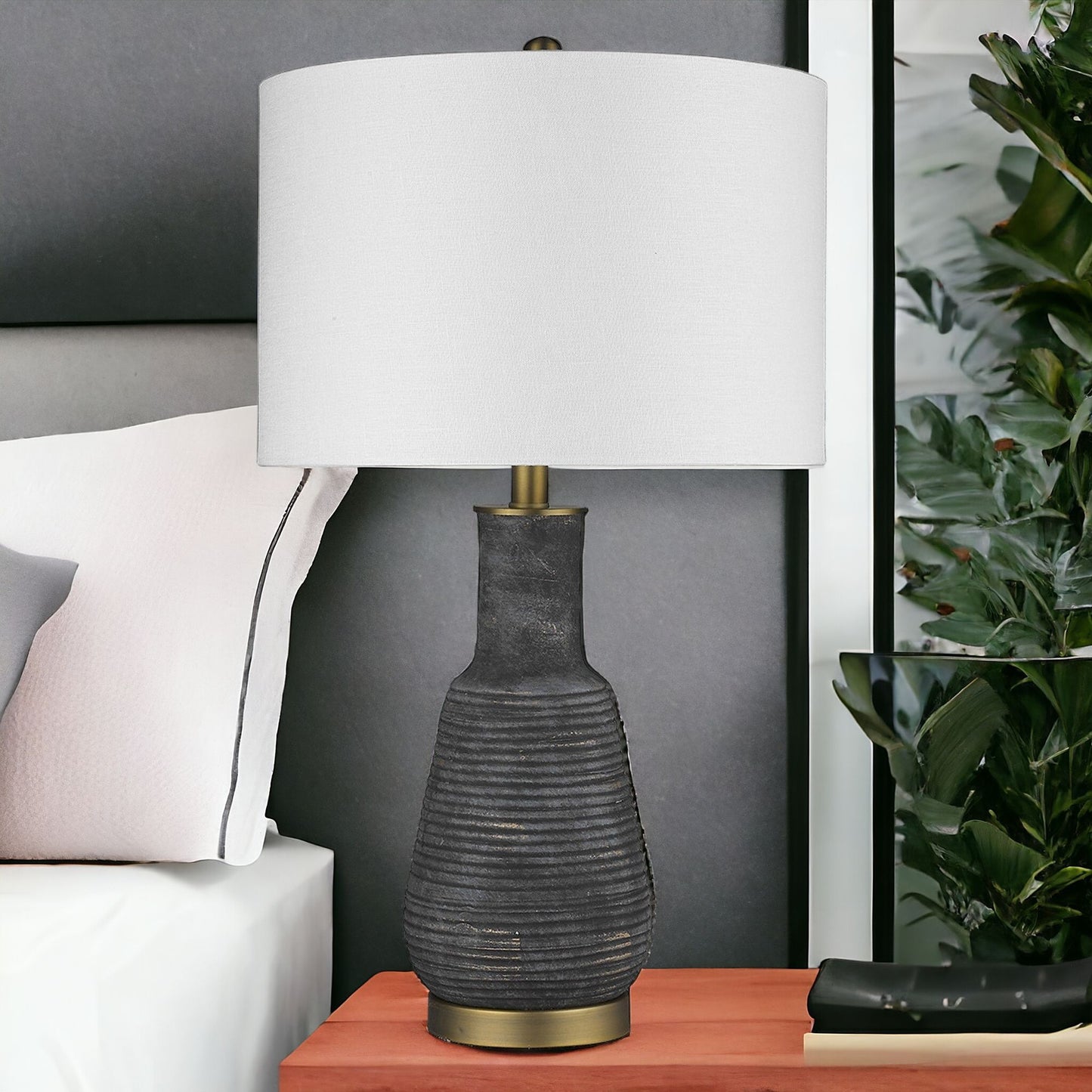 26" Distressed Black and Gold Ceramic Table Lamp With White Drum Shade