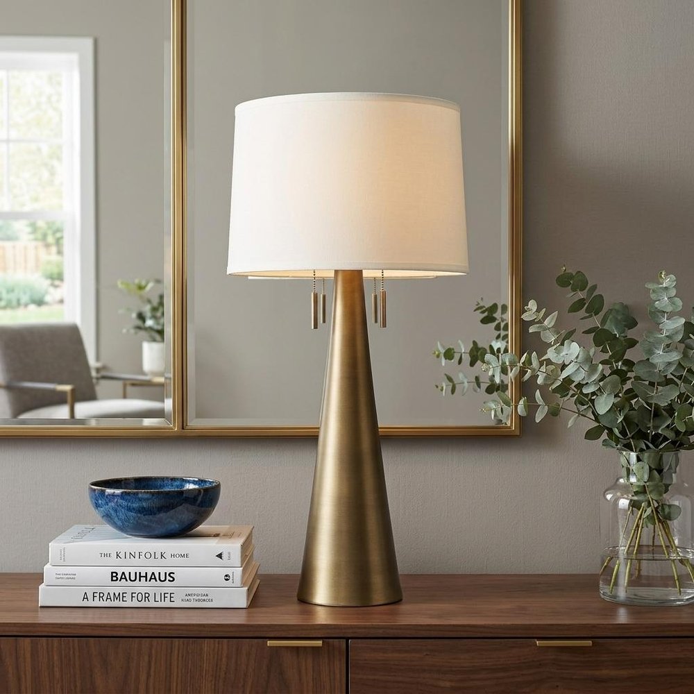 34" Brass Metal Two Light Table Lamp With White Empire Shade